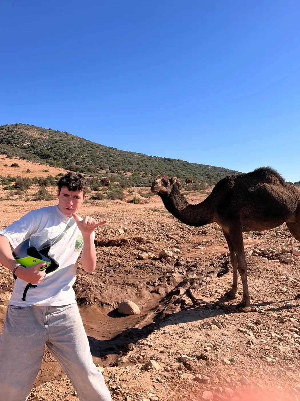 Sylvan holding a helmet next to a camel in the desert